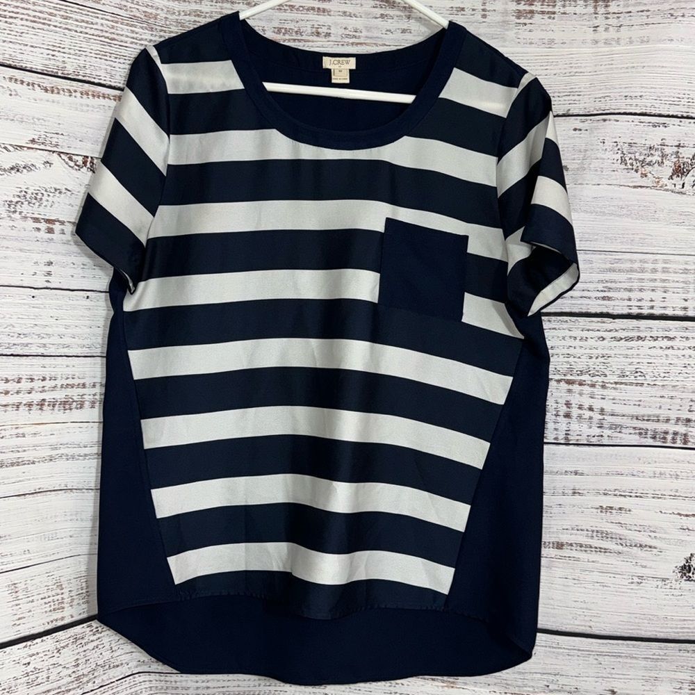 J. Crew Navy and White Striped Short Sleeve Blouse